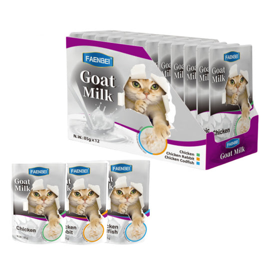 144PCS Goat Milk Cat Food Pouches, Mixed Flavors, Chicken, Rabbit, Cod, etc., Pet Snack Wet Food Bag, 85g (24 Pouch)