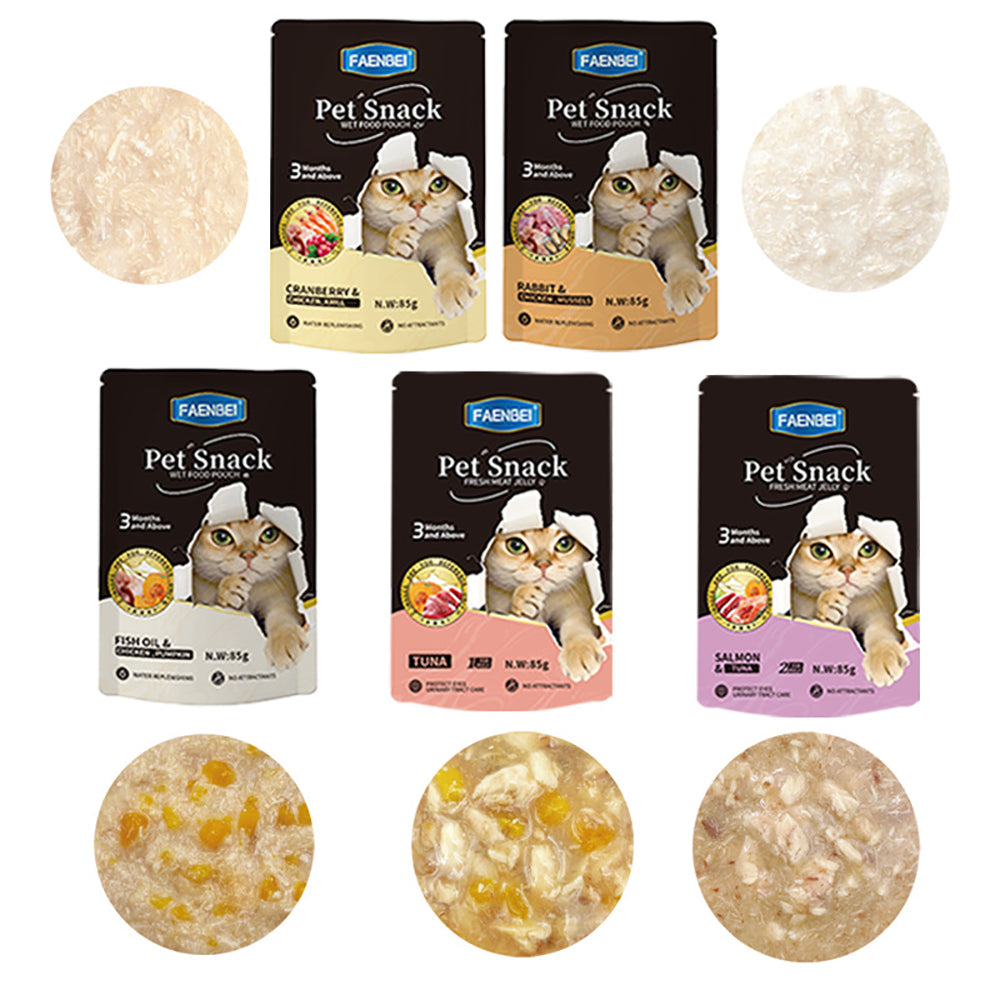 144PCS Pet Snack Wet Food Pouch, Mixed Flavors, Salmon, Tuna, Chicken, Cat Food Pouches, 85g Pouches