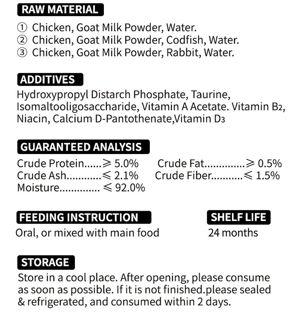 144PCS Goat Milk Cat Food Pouches, Mixed Flavors, Chicken, Rabbit, Cod, etc., Pet Snack Wet Food Bag, 85g (24 Pouch)