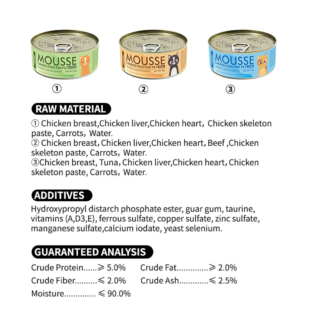 Natural Can Food for Cat Mousse, Limited Ingredient, Grain-Free Protein with No Artificial Additives, Beef, Tuna, Chicken (100 x 2.55 oz Cans)