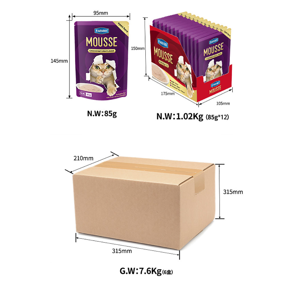 144PCS Natural Cat Treat Mousse Pouch, Wet Pureed Pet Food, Beef, Chicken, Tuna Lickable Cat Treats - (Pack of 12/144 Pouches) 85g Pouches