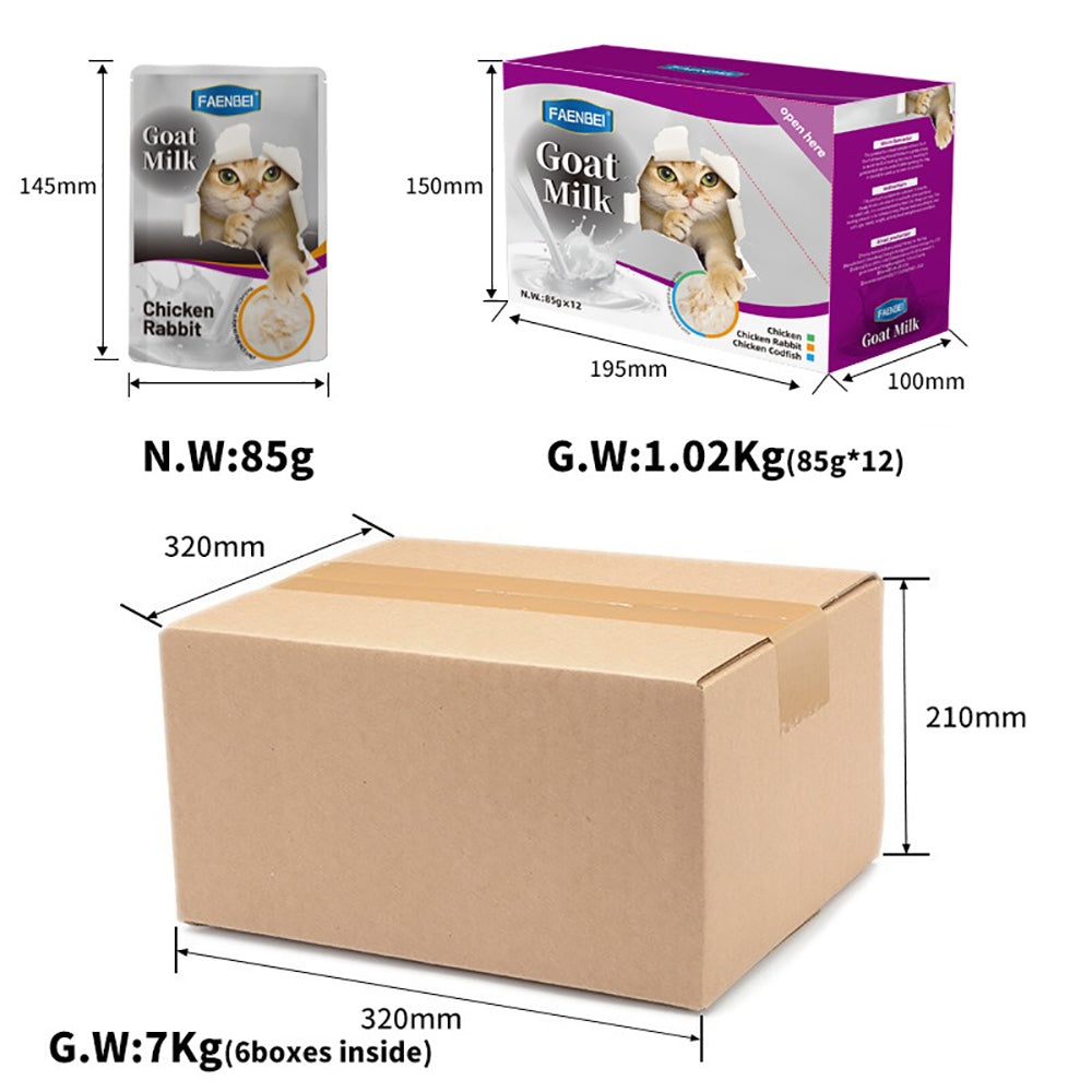 144PCS Goat Milk Cat Food Pouches, Mixed Flavors, Chicken, Rabbit, Cod, etc., Pet Snack Wet Food Bag, 85g (24 Pouch)
