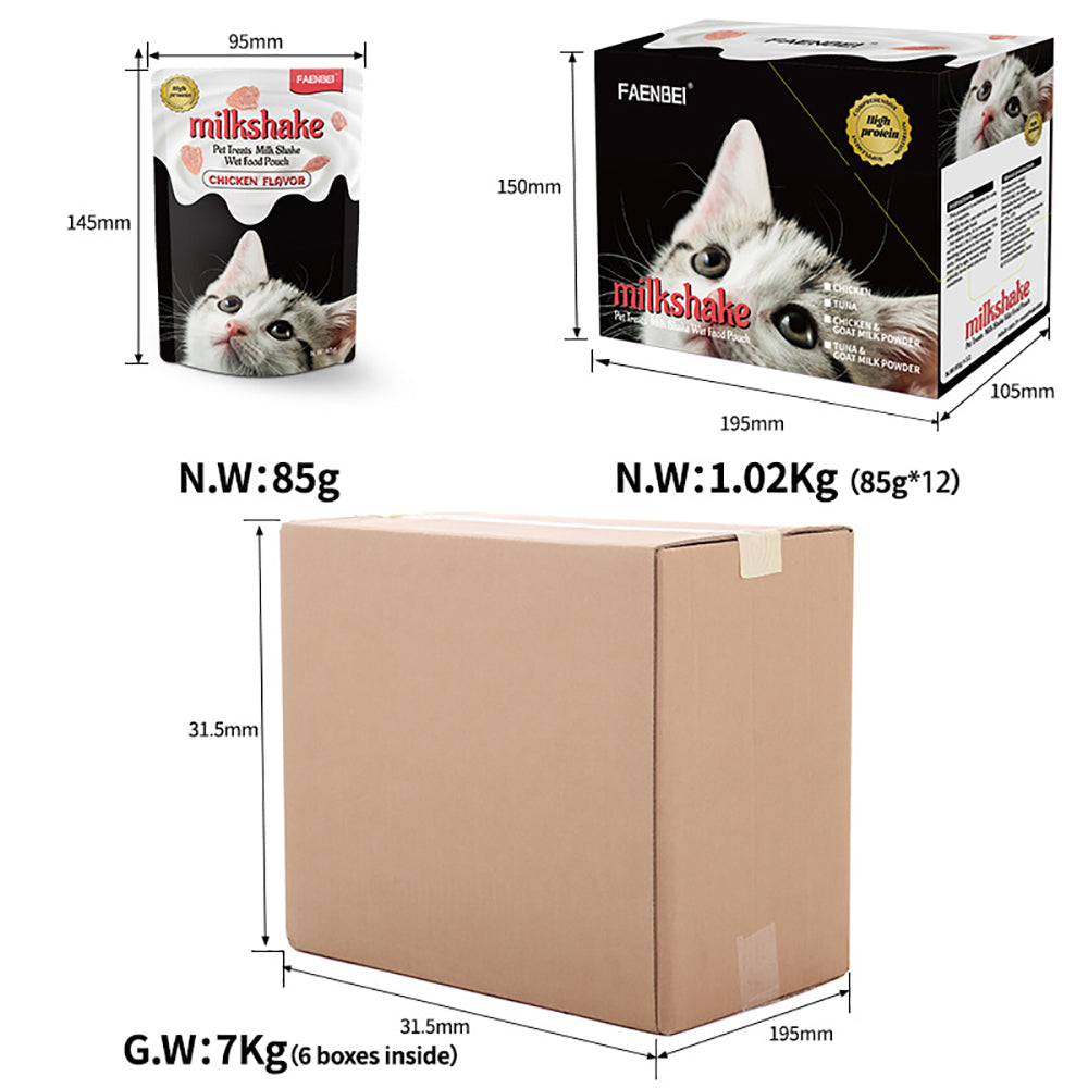 144PCS Pet Treat Milk Shake Wet Food Pouch, Pureed Cat Food Topper, Lil’ Shakes With Tantalizing Chicken Lickable Cat Treats - (Pack of 12/144 Pouches) 85g Pouches