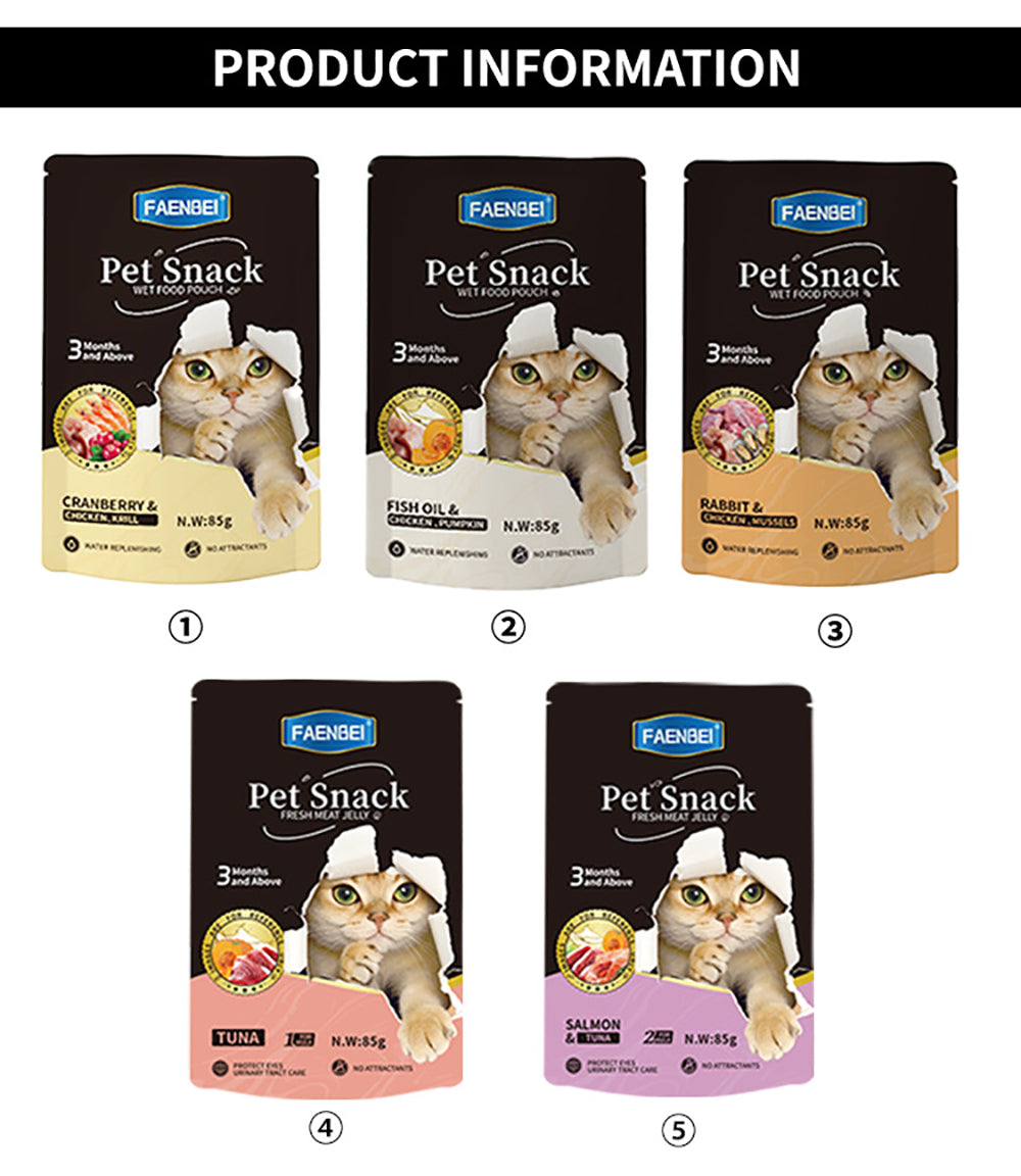 144PCS Pet Snack Wet Food Pouch, Mixed Flavors, Salmon, Tuna, Chicken, Cat Food Pouches, 85g Pouches