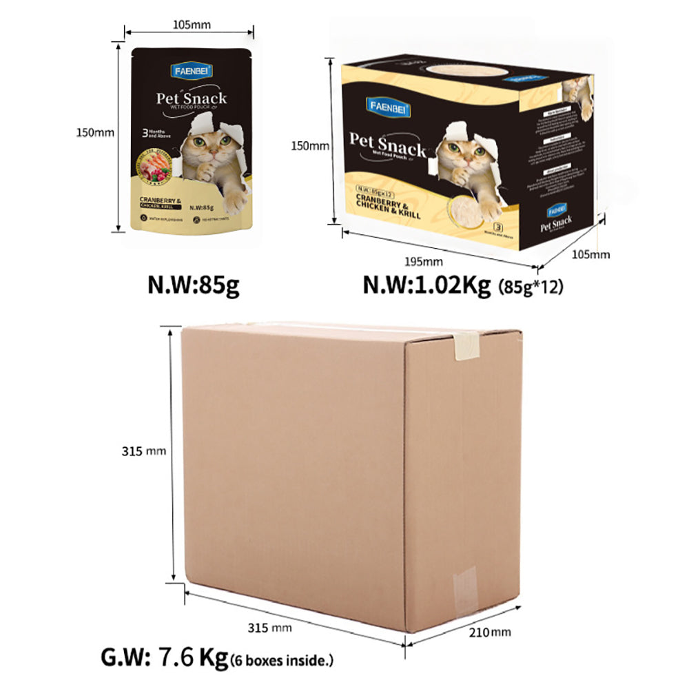 144PCS Pet Snack Wet Food Pouch, Mixed Flavors, Salmon, Tuna, Chicken, Cat Food Pouches, 85g Pouches