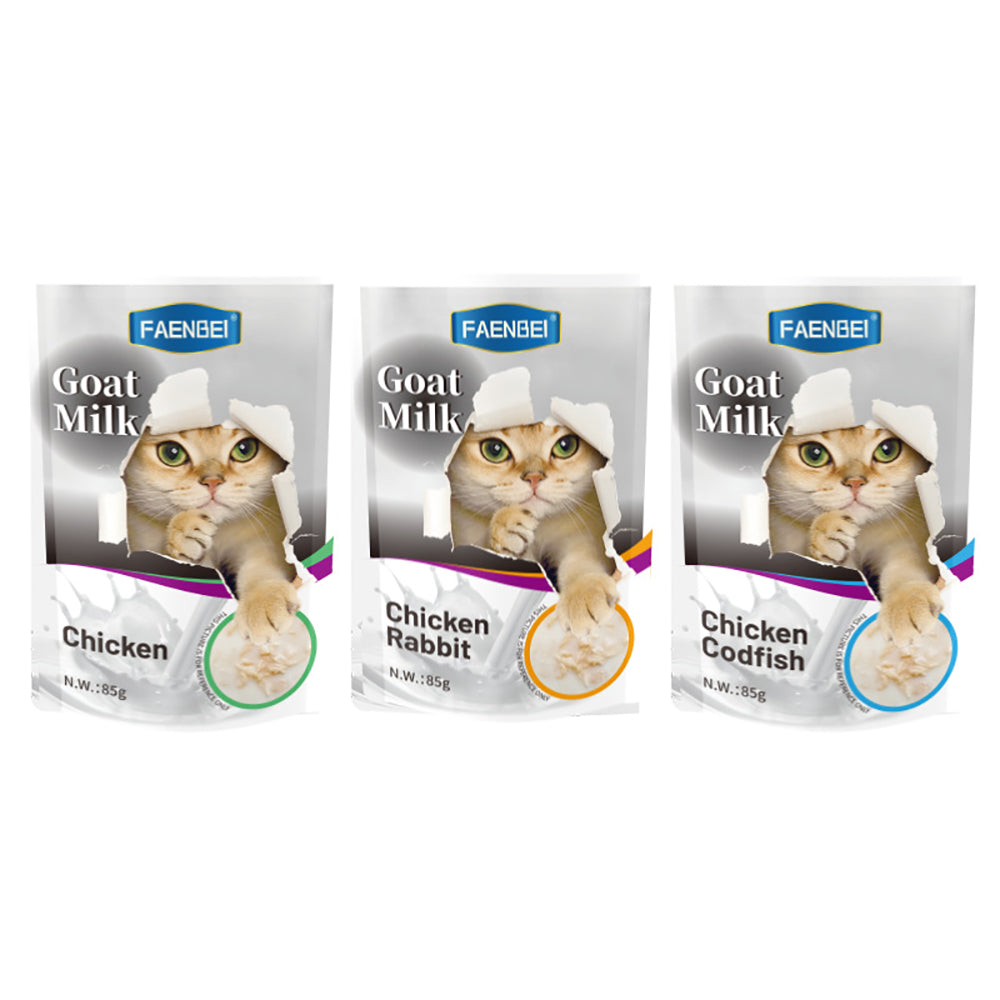 144PCS Goat Milk Cat Food Pouches, Mixed Flavors, Chicken, Rabbit, Cod, etc., Pet Snack Wet Food Bag, 85g (24 Pouch)